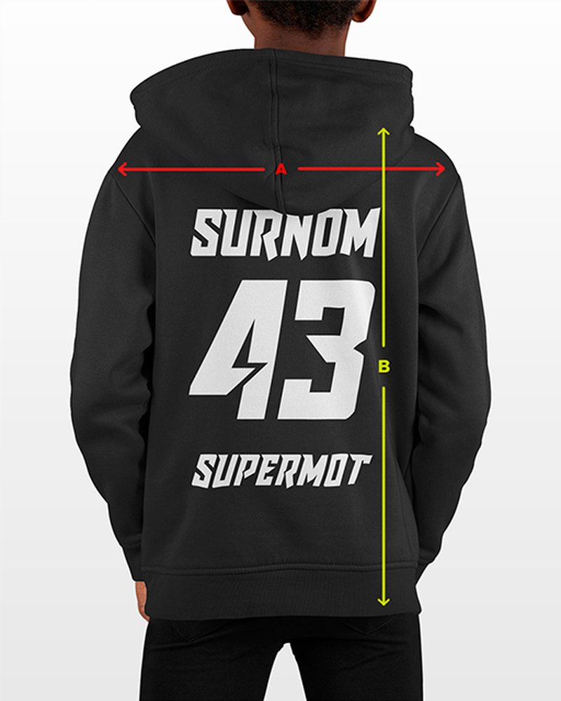 Hoodie enfant SUPERMOT : A largeur, B longueur
