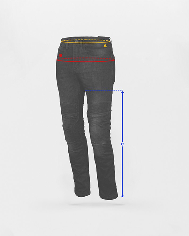 Jean PROTECT Kevlar : A tour de taille, B tour de hanches, C longueur de jambe