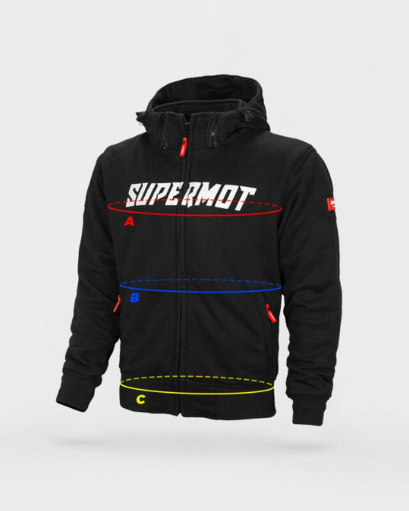 Veste PROTECT : A tour de poitrine, B tour de taille, C tour de hanches